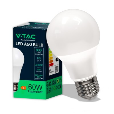 V-TAC LAMPADA LED 8.5W E27 A60 4000K